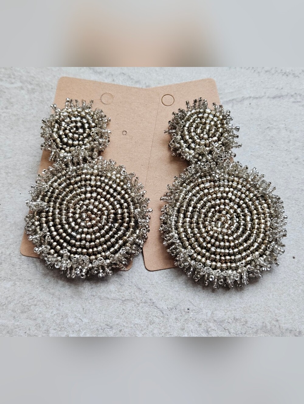 Silver Beaded Double Circle Drop Earrings - Women's Jewelry
